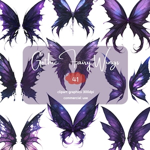 May include: A collection of digital illustrations of gothic fairy wings in various designs. The wings are primarily shades of purple and black, with intricate details and a fantasy theme. Text includes "Gothic Fairy Wings" and "41".