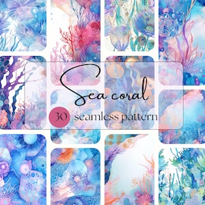 Könnte beinhalten: Ein Set mit 30 nahtlosen Aquarellmustern mit See-Korallen in Blautönen, Rosa und Lila. Die Muster eignen sich perfekt zum Erstellen von Hintergründen, Geschenkpapier oder Stoffdesigns.