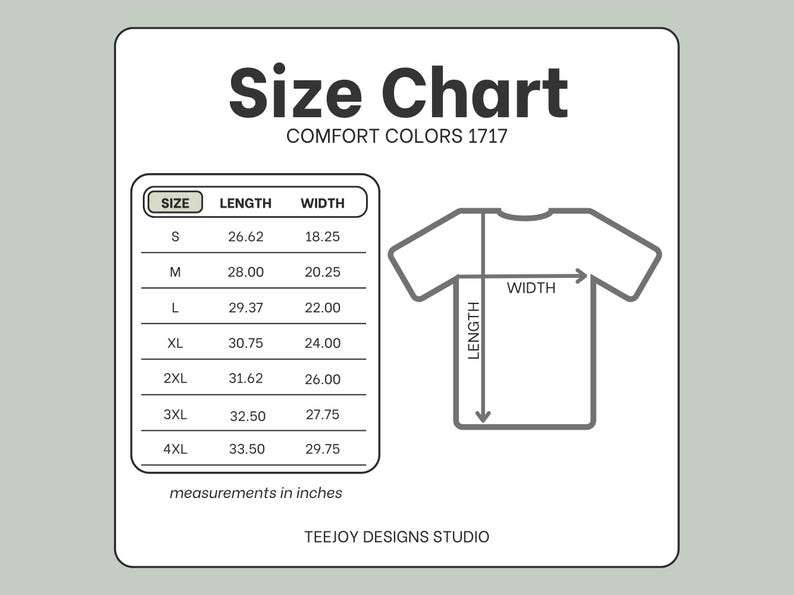 K&ouml;nnte beinhalten: Gr&ouml;&szlig;entabelle f&uuml;r Comfort Colors 1717 T-Shirts. Die Tabelle zeigt die Ma&szlig;e in Zoll f&uuml;r die Gr&ouml;&szlig;en S bis 4XL. Die L&auml;nge der Gr&ouml;&szlig;e S betr&auml;gt 67,62 cm und die Breite 46,36 cm. Ein Diagramm zeigt, wie man L&auml;nge und Breite misst.