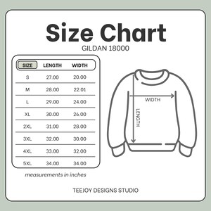 Może przedstawiać: Tabela rozmiar&oacute;w dla bluzy Gildan 18000, z wymiarami w calach. Tabela zawiera rozmiary od S do 5XL, z wymiarami długości i szerokości. Diagram ilustruje, jak mierzyć bluzę.