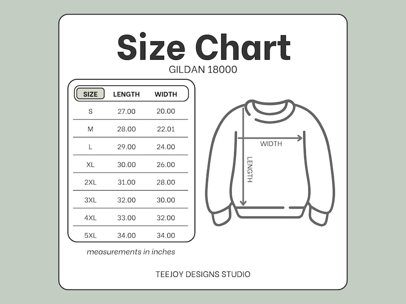 Może przedstawiać: Tabela rozmiar&oacute;w dla bluzy Gildan 18000, z wymiarami w calach. Tabela zawiera rozmiary od S do 5XL, z wymiarami długości i szerokości. Diagram ilustruje, jak mierzyć bluzę.