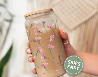 Personalized Birth Flower Glass Tumbler, Flower Coffee Glass Cup, Custom Birth Flower Tumbler with Lid and Straw, Birthflower Glass Tumbler