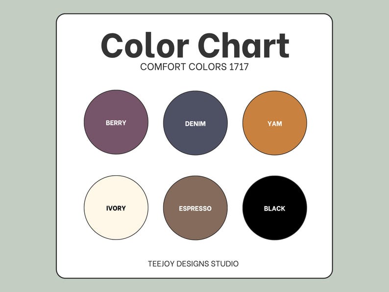 K&ouml;nnte beinhalten: Farbkarte mit sechs Farbfeldern: Berry, Denim, Yam, Ivory, Espresso und Black. Der Text "Color Chart" und "Comfort Colors 1717" stehen oben. Der Text unten lautet "TEEJOY DESIGNS STUDIO".
