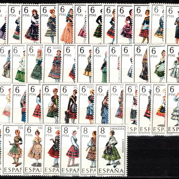 Trajes Regionais da ESPANHA (1967-1971). Conjunto Completo (53 Selos) MNH. Catálogo Scott Nos 1392-1444