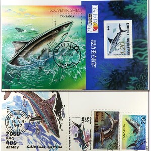 SHARKS. 15 Different Used Stamps and 3 Souvenir Sheet. Good Condition. Large Size. Various Countries.