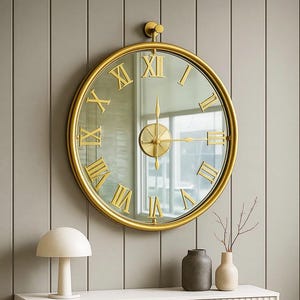 Gold Roman Numerals Mirror Wall Clock, Mid Century Modern Decor