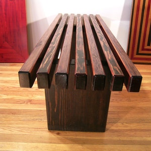 Reclaimed Wood Humanitat Slat Bench. Modern Eco Design.