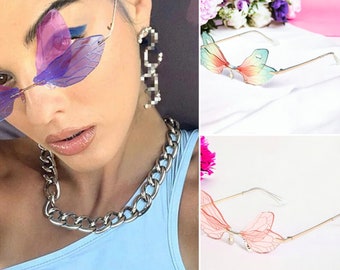 Occhiali da sole a farfalla: occhiali da sole da donna Dragon Fly, tonalità in due pezzi senza montatura, perfetti per abiti da festival e cosplay