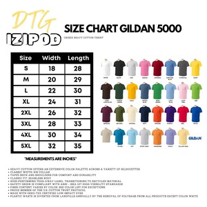 Puede incluir: Tabla de tallas para camisetas de algod&oacute;n pesado unisex Gildan 5000. La tabla muestra las tallas de la S a la 5XL con las medidas de ancho y largo correspondientes en pulgadas. La tabla tambi&eacute;n muestra una variedad de colores disponibles para las camisetas.