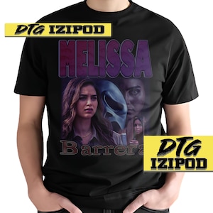 May include: Black t-shirt with a graphic print of Melissa Barrera from the movie "Scream". The graphic features a purple and black color scheme with the text "Melissa Barrera" and "DTG IZIPOD" in yellow.