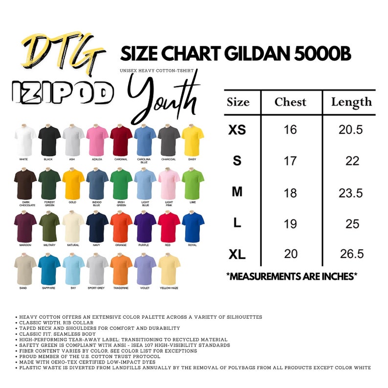 Puede incluir: Tabla de tallas para camisetas para j&oacute;venes Gildan 5000B. La tabla muestra las medidas de pecho y largo en pulgadas para las tallas XS, S, M, L y XL. La tabla est&aacute; acompa&ntilde;ada de una tabla de colores que muestra 30 colores diferentes de camisetas.