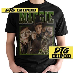 May include: Black t-shirt with a green and white graphic of the characters from the movie "Harry Potter and the Sorcerer's Stone". The graphic includes the text "Maggie Smith" and "DTG IZIPOD".