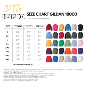 Puede incluir: Tabla de tallas para sudaderas con cuello redondo para adultos Gildan 18000. La tabla muestra las tallas de la S a la 5XL con medidas en pulgadas para el ancho, la longitud y la manga. La tabla va acompa&ntilde;ada de una paleta de colores de varios tonos de sudaderas.