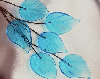 6 Aqua Blue Leaves Head Pins Set,  Glass Headpins Handmade lampwork glass headpins by Beadfairy Lampwork