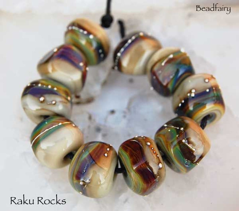 organic beads with fine silver wire 10 Raku Rocks glass beads by Beadfairy Lampwork Lampwork Beads SRA