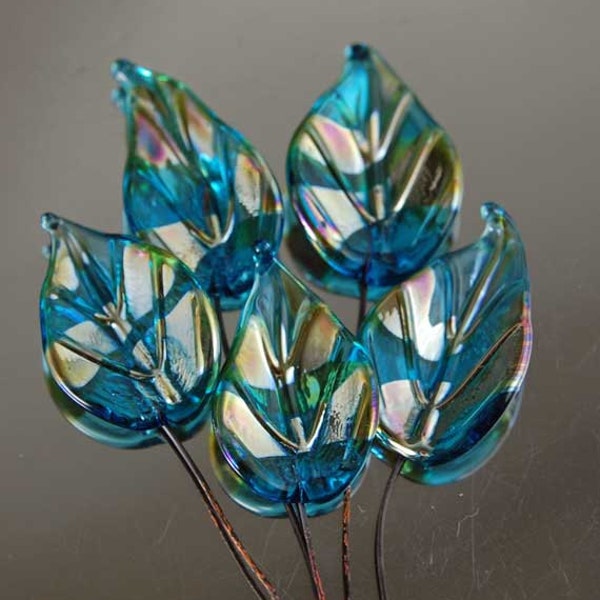 6 Aqua Gold Leaves Headpins Set,  Glass Head Pins Handmade lampwork glass headpins by Beadfairy Lampwork