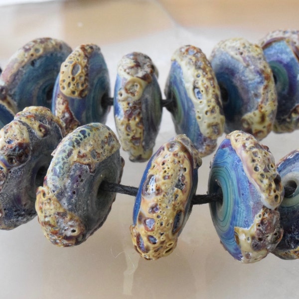Crusty Ancient World Discs Rustic Blue Purple Raku Orangic Earthy Lampwork Beads Glass Beads by Beadfairy Lampwork, SRA