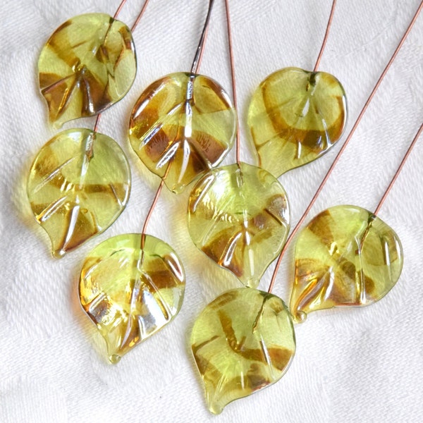 8 Golden Peridot Leaves Head Pins  Glass Headpins Handmade lampwork glass headpins by Beadfairy Lampwork, Karin Hruza SRA