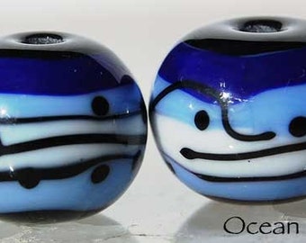 1 Pair Ocean Dream Spheres  dark blue , light blue , white , spheres black , handmade lampwork beads by Beadfairy Lampwork, SRA