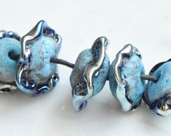 6  Crusty Rustic Turquoise Belles Metallic Silver Blue Ancient Beads Lampwork Beads Glass Beads by Beadfairy Lampwork, SRA