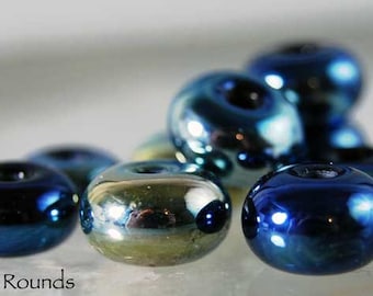 10 Triton Rounds Metallic Blue Silver spacers handmade glass beads by Beadfairy Lampwork  SRA