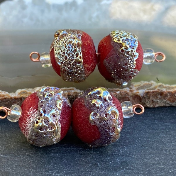 1 Pair *Golden Lipstick Red Crusty Spheres * Handmade Lampwork Beads, Glass Beads by Karin Hruza Beadfairy Lampwork, SRA