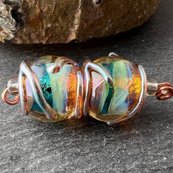 Golden Emerald * Cage Spheres* Handmade Lampwork Glass Beads by Karin Hruza Beadfairy Lampwork SRA H24