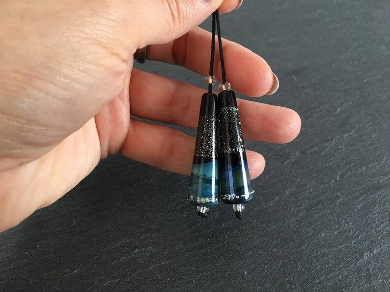 Glossy Handmade Lampwork Beads by Beadfairy Lampwork SRA Starry Night 1 Earring Pair Long Cones
