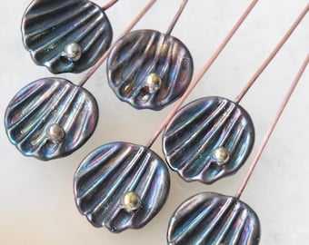 6 Satin Metallic Shell Head Pins  Head Pins Handmade lampwork glass headpins by Beadfairy Lampwork