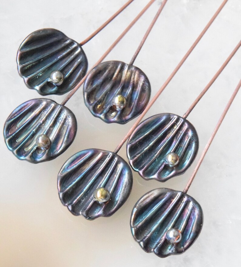 6 Satin Metallic Shell Head Pins Head Pins Handmade lampwork glass headpins by Beadfairy Lampwork