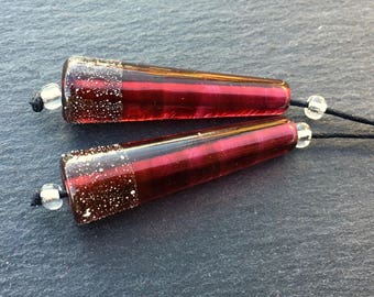 1 Pair * Silver Sprinkled Magenta * Long Cones * Glossy Handmade Lampwork by Beadfairy Karin Hruza