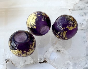 Big Hole Golden Grape Flake Spheres, handmade glass beads,  dark purple with gold by Beadfairy Lampwork, SRA