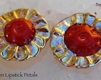 1 Pair or 3 Pairs Golden Lipstick Petals, Ruffled Gold and Red Handmade Lampwork Beads by Beadfairy Lampwork, SRA