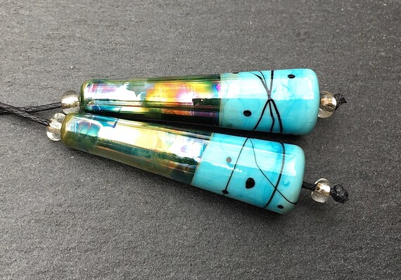 Glossy by Beadfairy Karin Hruza 1 Earring Pair Oil Slick Turquoise Long Cones