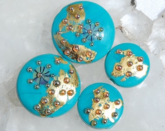 4 Golden Turquoise Spree Lentils Turquoise Metallic Gold 24K Gold Foil Raku Murrini Handmade Lampwork Beads by Beadfairy Lampwork, SRA