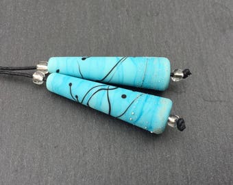 1 Pair * Silver Sprinkled Turquoise Long Cones * Handmade Glass Beads by Karin Hruza Beadfairy SRA