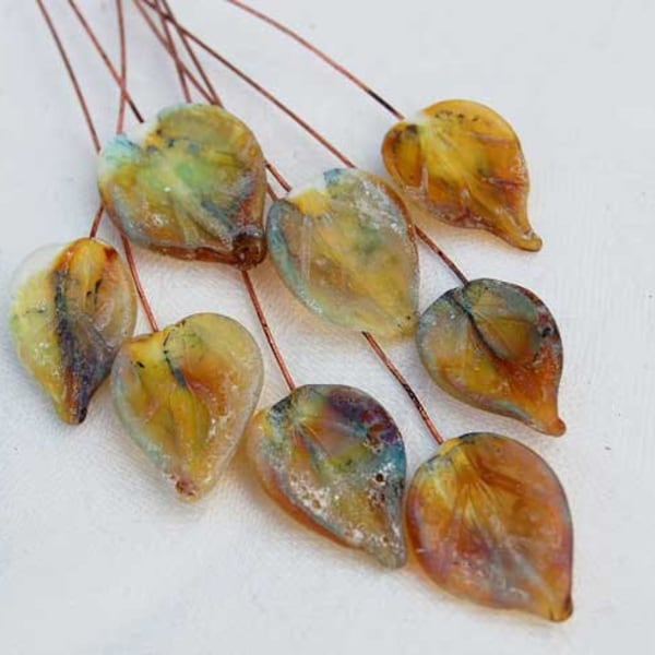 6 Rustic Leaves Headpins Set,  Glass Headpins Handmade lampwork glass headpins by Beadfairy Lampwork