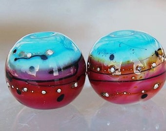 1 Earring Pair * Pink Sky Spheres* Lampwork Beads , Pink Turquoise Black glass beads by Beadfairy Lampwork, SRA