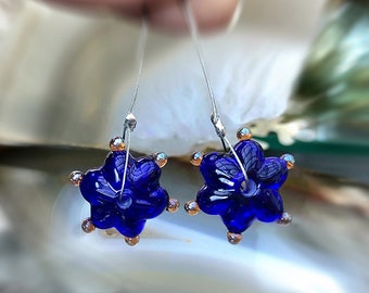 1 Pair *Golden Cobalt Blue*Star Flowers* Handmade Lampwork Bead Set by Beadfairy Lampwork SRA