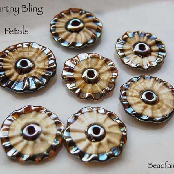 1 Pair or 3 Pairs Earthy Bling Petals, Ivory Gold Organic Handmade Lampwork Beads by Beadfairy Lampwork, SRA