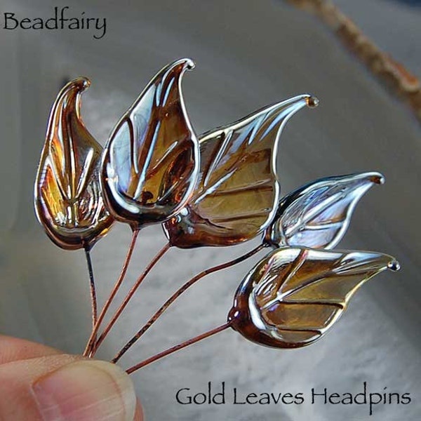 6 Gold Leaves Head Pins Set, Glass Headpins, Handmade metallic gold lampwork glass headpins by Beadfairy Lampwork