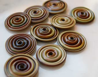 10 Raku Slim Discs Handmade lampwork beads , glass beads by Beadfairy Lampwork SRA