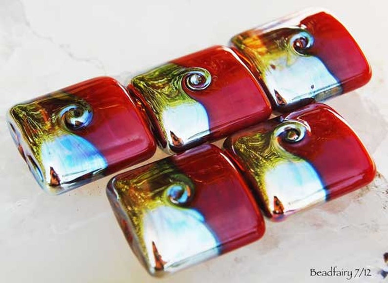 Lampwork beads in red and gold, handmade nugget beads by Beadfairy Lampwork, SRA image 1