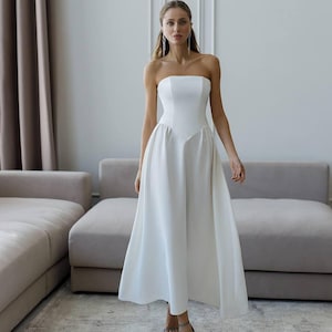 Chic Engagement Party Dress White Strapless Corset Midi Dress – Perfect for Weddings, Parties, and Evening Events