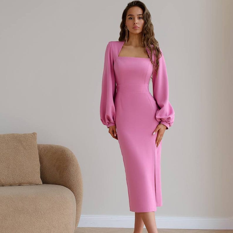 Pink Wedding Guest Dress, Cocktail Dress With Long Sleeves, Pink Midi ...