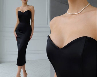 Schwarzes Korsett-Midikleid, schwarzes, figurbetontes formelles Kleid, elegantes Satinkleid