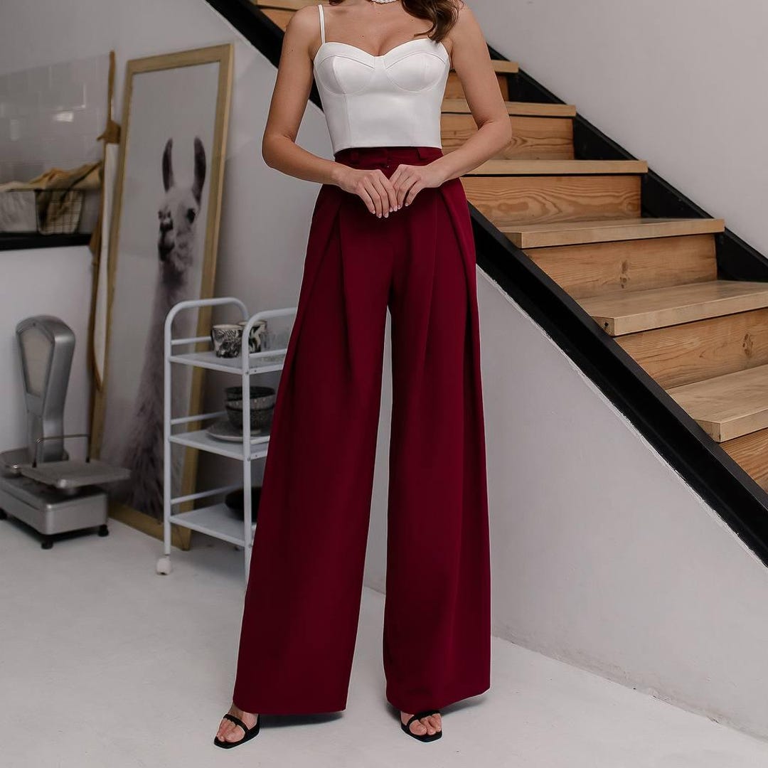 Burgundy High-waisted Palazzo Pants: Elegant Wide-leg Trousers