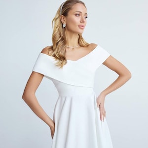 Courthouse wedding dress, reception dress for bride white midi dress with open shoulders