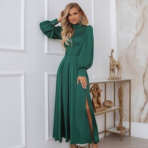Long Dress With Sleeves Emerald Green Etsy