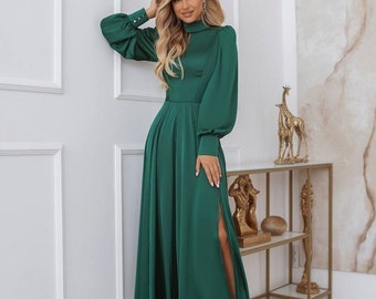Emerald Green Satin Cocktail Dress Long Sleeve - Main Image